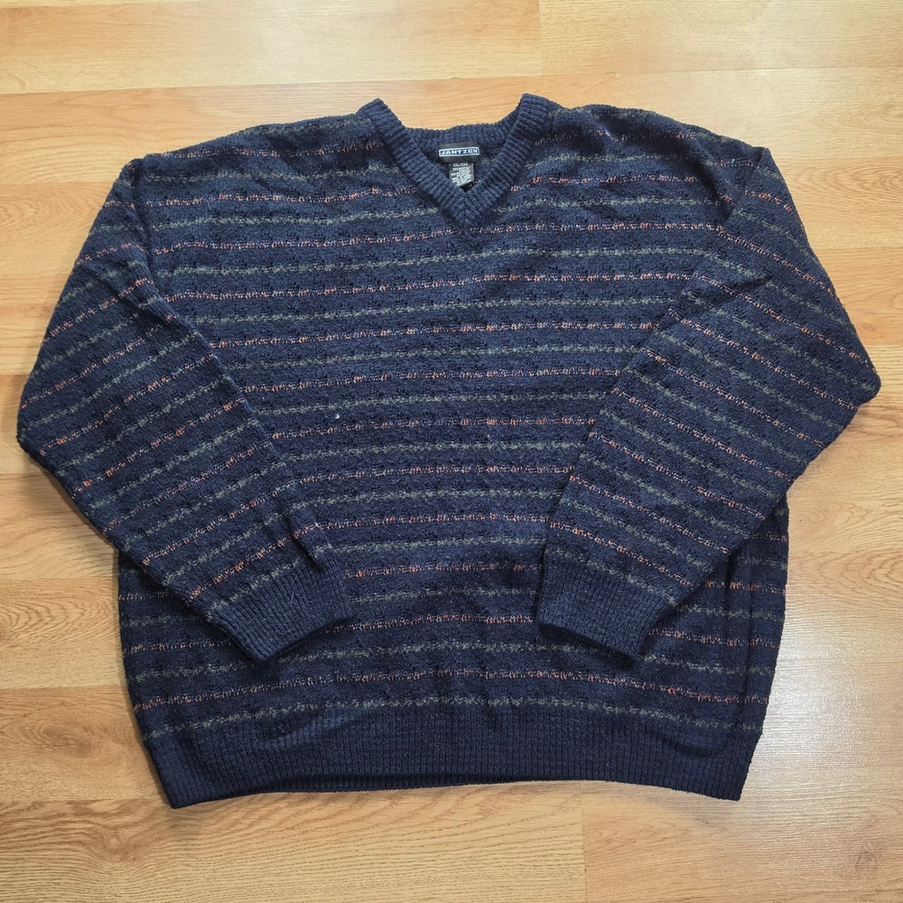 Vintage Jantzen V-Neck Sweater Mens XXL Blue Striped Knit Long Sleeve 3d knit